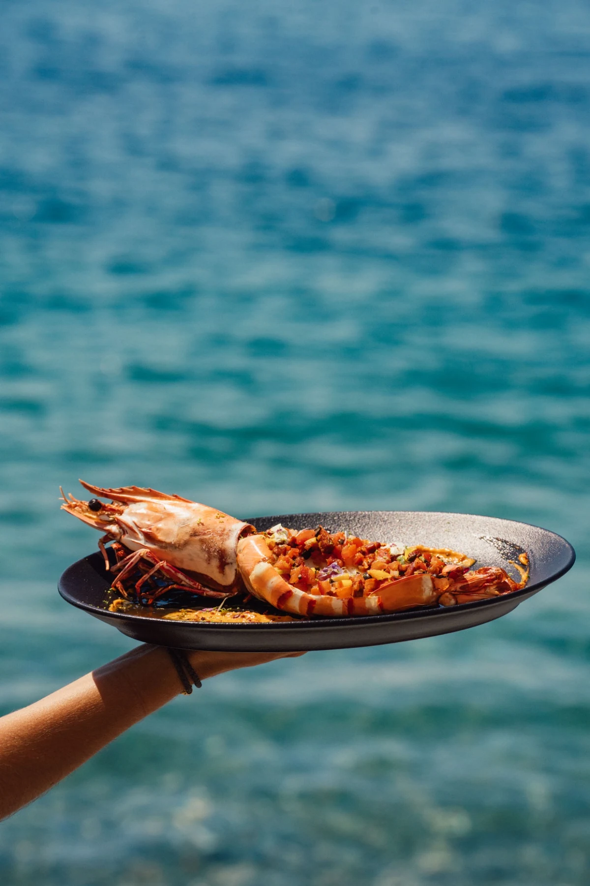 Assiette de langouste tenue face à la mer